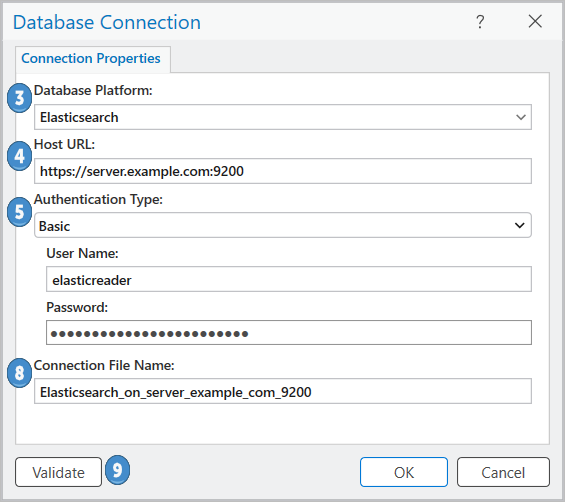 Connecting to Elasticsearch from the Database Connection dialog box Connecting to Elasticsearch from the Database Connection dialog box