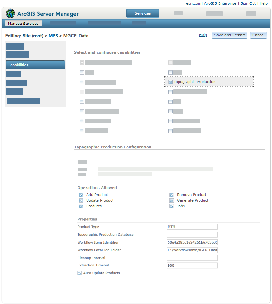 ArcGIS Server Manager with the Topographic Production capability highlighted to show its operations and other properties that were set when the service was published from ArcGIS Pro ArcGIS Server Manager with the Topographic Production capability highlighted to show its operations and other properties that were set when the service was published from ArcGIS Pro